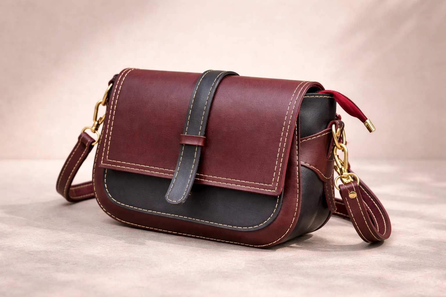 Zovelle Dual Tone Crossbody Bag – Burgundy & Black Leather